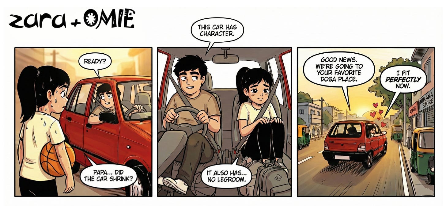  Zara jokes about a tiny car, Papa promises dosa, and suddenly everything fits.