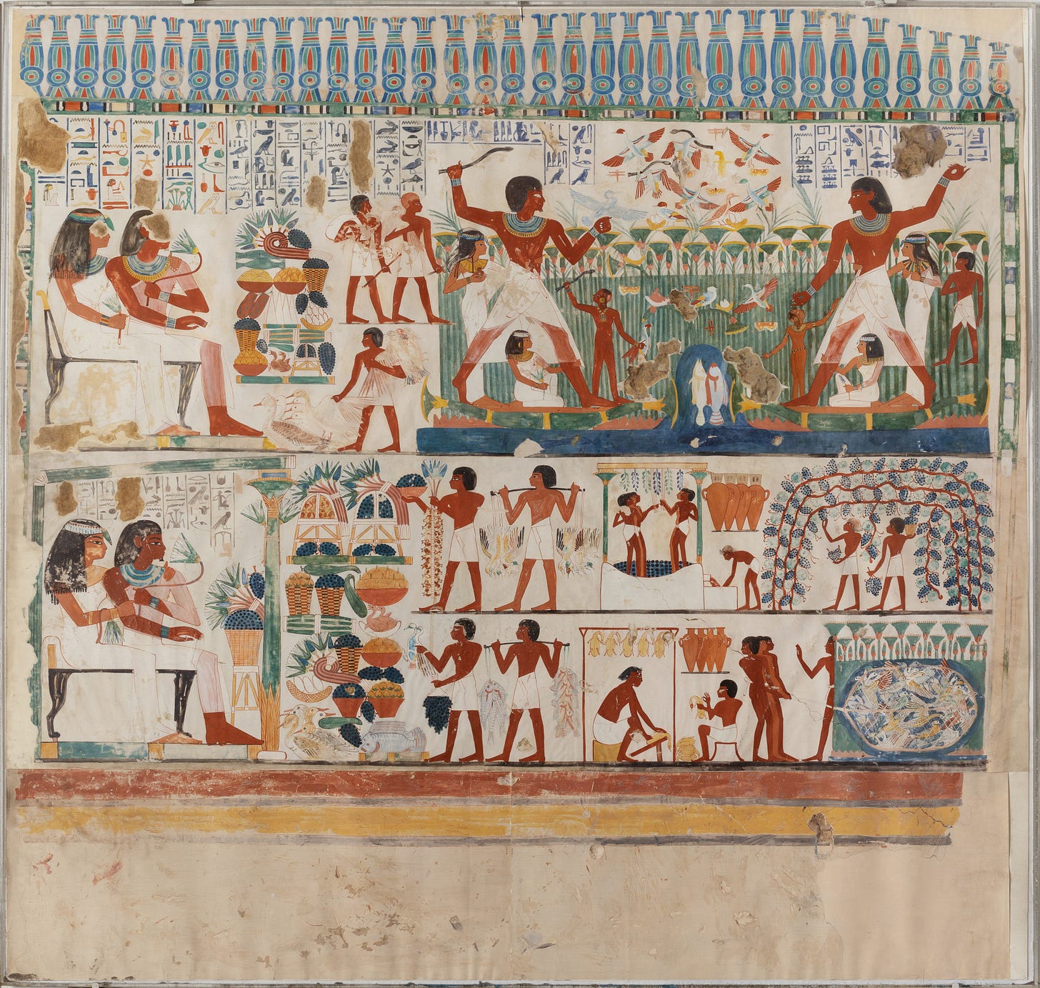 The Vintage in the Tomb of Nakht, Egyptian painting copy: men picking grapes under a vine and treading them in a vat