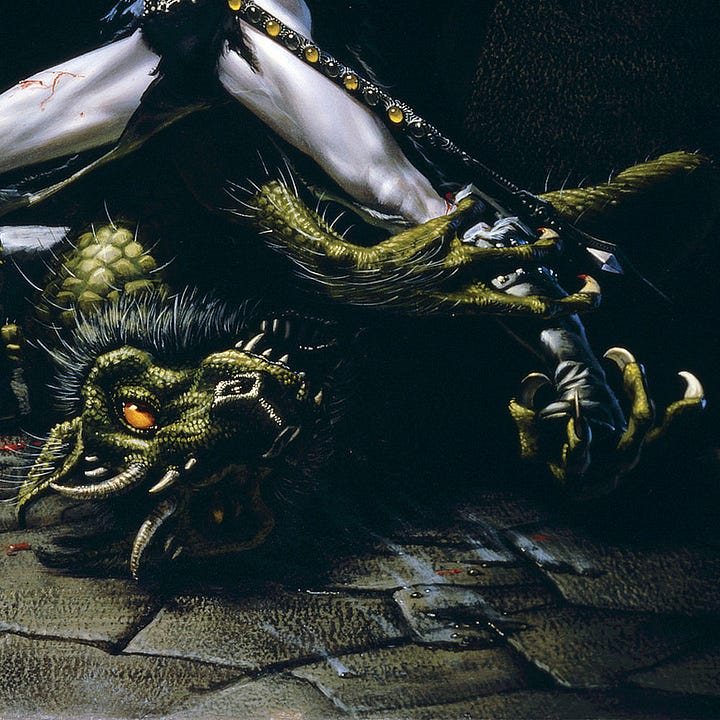 LEFT: Figure detail from ELRIC DEMONSLAYER featuring a bloodied Elric as he draws back Stormbringer for a killing blow. His clothes are torn to shreds. A long jeweled scabbard is strung at his waist.  RIGHT: Creature detail from ELRIC DEMONSLAYER featuring a green scaled demon on the ground baring its teeth. As Elric straddles it in a wide stance, the demon grips his leg with its foreclaws.
