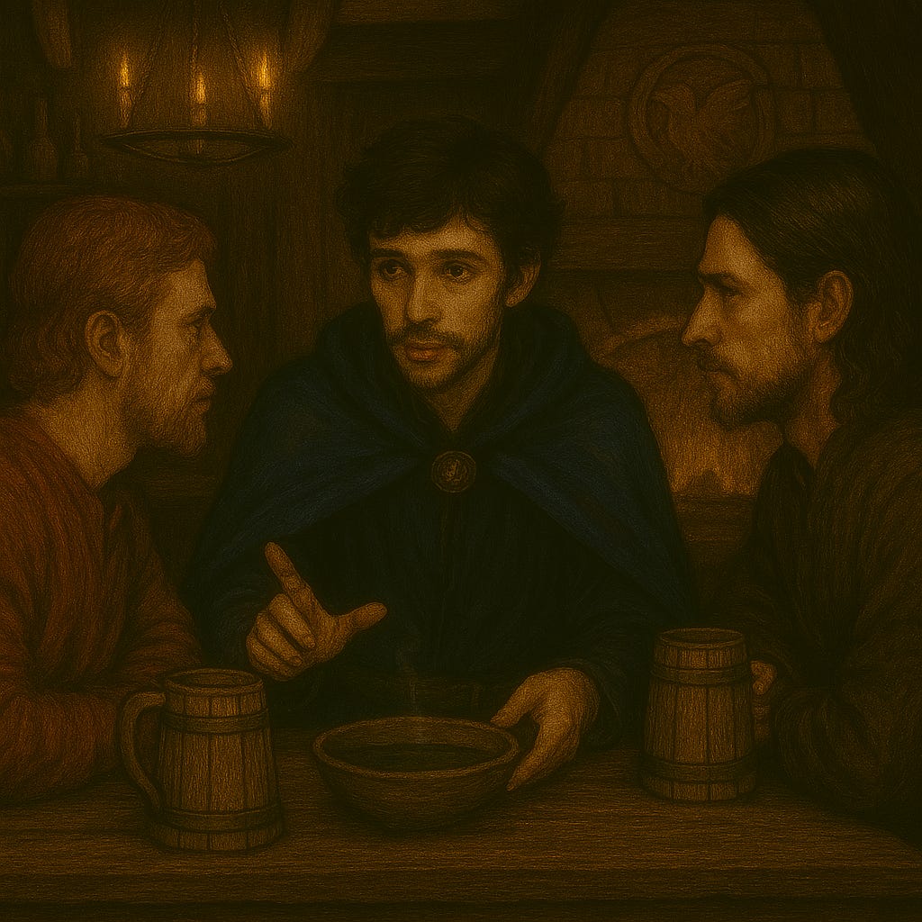 Inside the taproom of the Blue Water Inn, Felonious sits at a wooden table with Nikolai and Karl Wachter. Felonious is slender and introspective, visually reminiscent of Ben Whishaw — tousled dark hair, expressive eyes, and a thoughtful, haunted expression. He wears layered robes in deep indigo and charcoal, with subtle embroidery and a faint shimmer of silver thread. A small spectral pseudodragon spirit perches quietly on his shoulder, semi-transparent and softly glowing. Nikolai Wachter sits upright across from him, dressed in a fur-lined noble cloak, his posture formal and his expression stern. Karl Wachter lounges beside him, flamboyant and smug, wearing a wine-colored velvet doublet with gold trim, swirling a goblet of wine with a lazy grin. The tavern is warmly lit by lanterns and a crackling hearth, with rustic beams, shelves of bottles, and murmuring patrons in the background. The mood is tense, layered with political intrigue and quiet calculation.