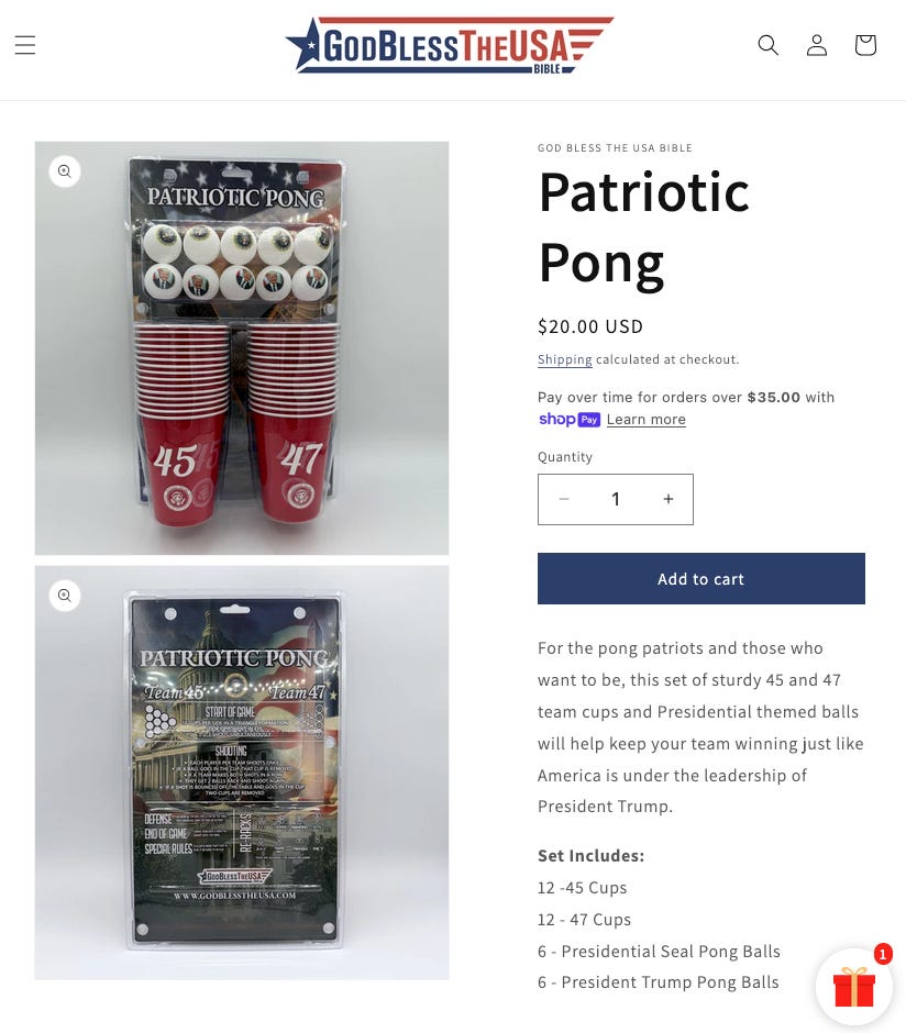 GodBlessTheUSABible.com's Patriotic Pong beer pong set, displaying the presidential seal on cups and balls GodBlessTheUSABible.com's Patriotic Pong beer pong set, displaying the presidential seal on cups and balls
