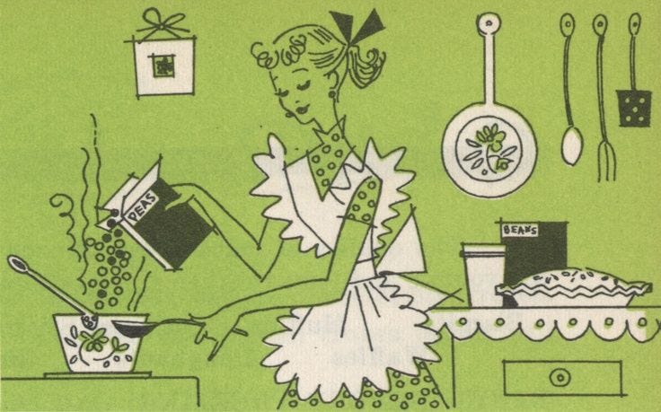 This may contain: a drawing of a woman cooking in a kitchen with utensils on the counter