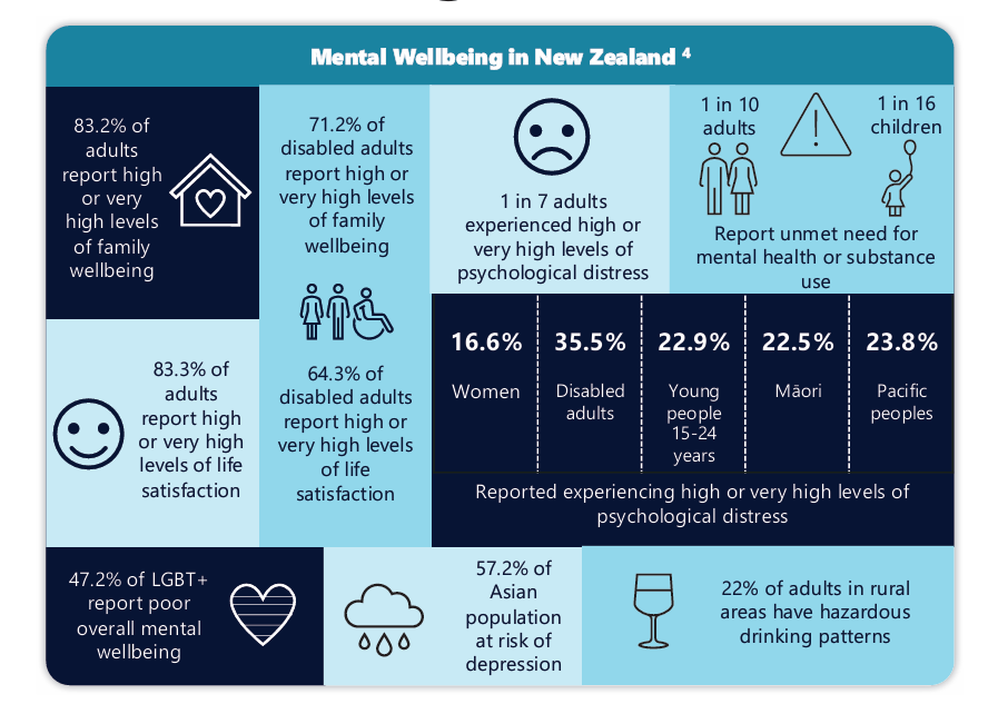 infographic in shades of blue. title says mental wellbeing in NZ. 