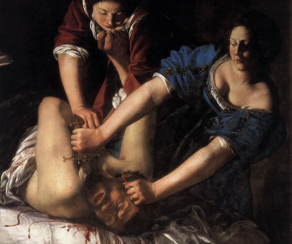 A shadowy painting of two women and a man who is in bed. One woman holds the man down while the other saws at the man's neck with a sword. Blood sprays from his neck and the women's arms are forceful, the composition is brutally knotted together
