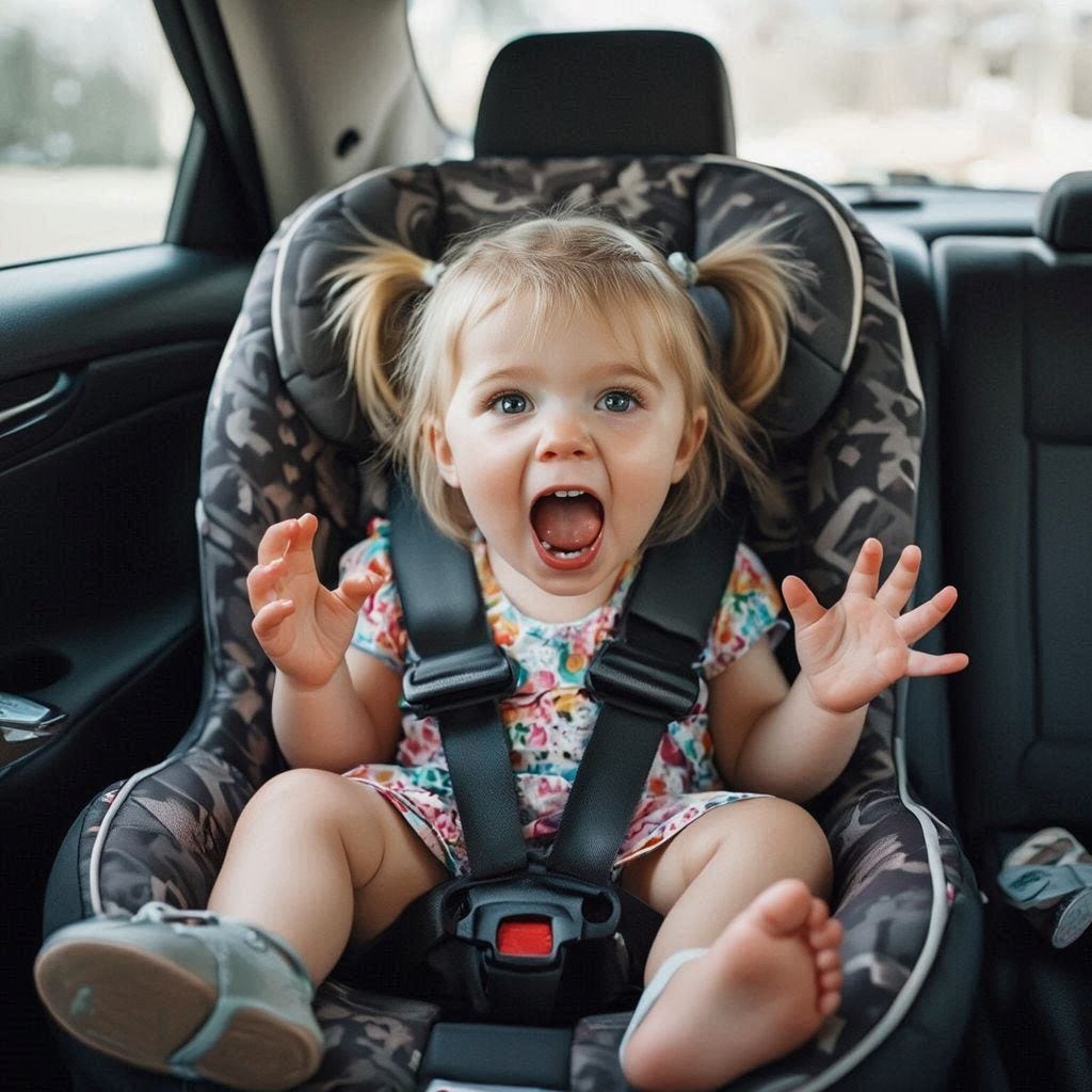 A girl todler in a car seat. She is blond, with pigtails and has one show on. She has a very wide open mouth as she talks and talks and talks...