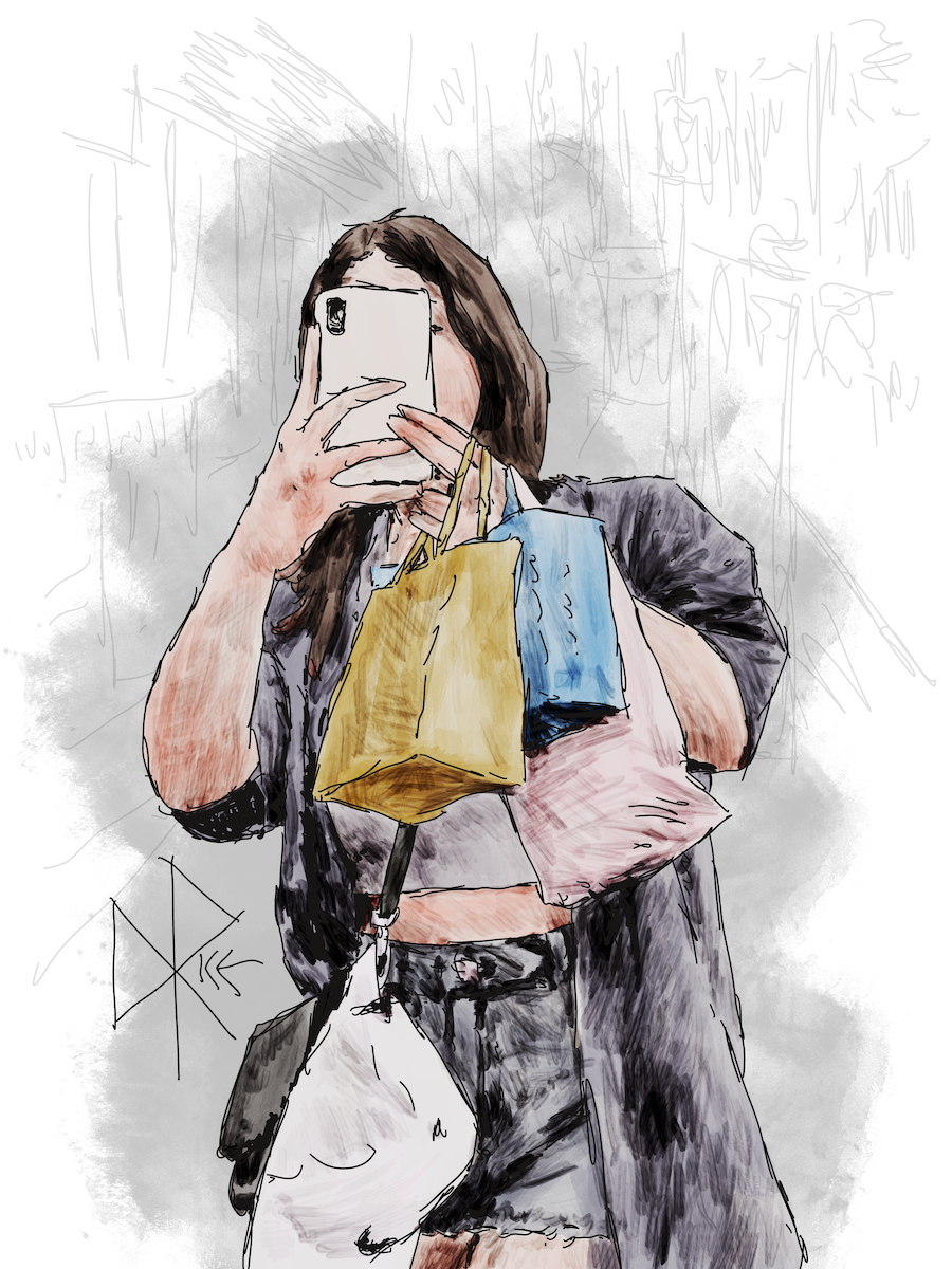 With one hand burdened by multiple small shopping bags, a woman uses both hands to hold her phone in front of her face while taking a photo. Sketch art by Don Rice. With one hand burdened by multiple small shopping bags, a woman uses both hands to hold her phone in front of her face while taking a photo. Sketch art by Don Rice.