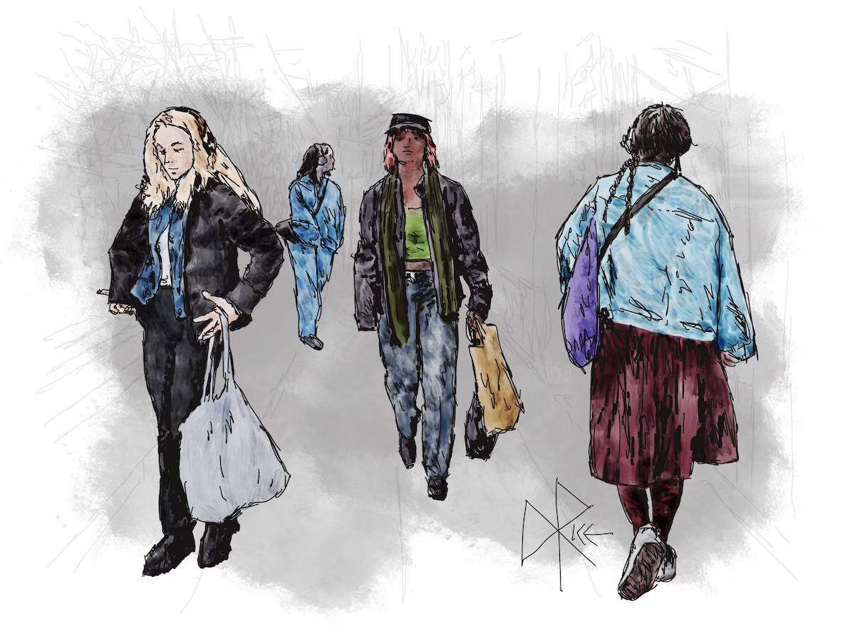 People in motion on a city sidewalk, each with their own paths and agendas. Sketch art by Don Rice.