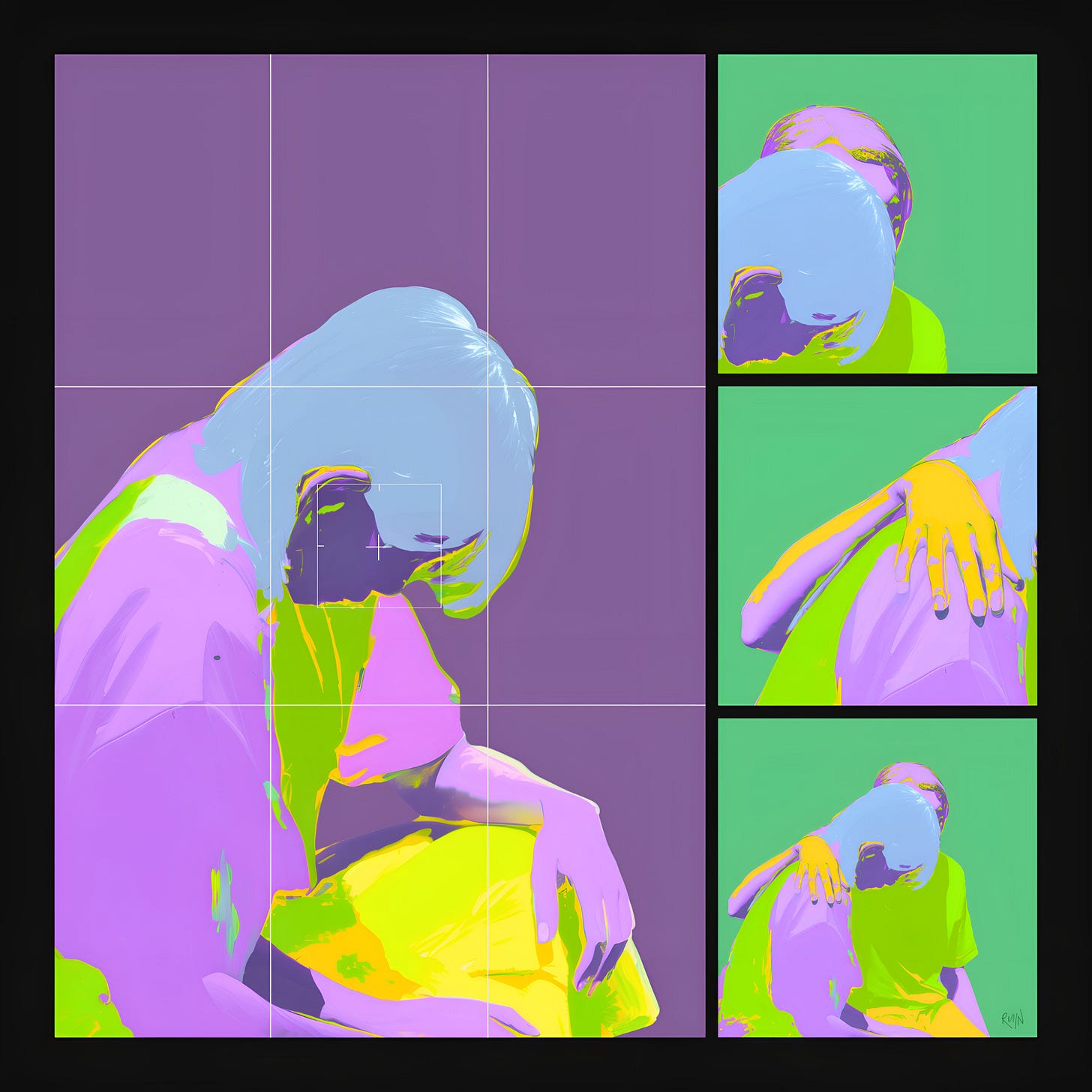 A multi-panel Viewlines study of “The Proximity Hazard” by RUIIN, framed as a camera searching for its subject. On the left, a large purple panel displays a stylized, illustrated male figure with light blue hair bowing his head in a vulnerable, isolated posture, caught within fine white viewfinder crosshairs and grid lines. The right side features three stacked, fragmented crops against bright green backgrounds that dissect the scene, revealing the blind spots of the frame: a close-up of a head, an arm resting gently on a shoulder, and finally a wider view of a boy and a girl locked in an ambiguous, close embrace.