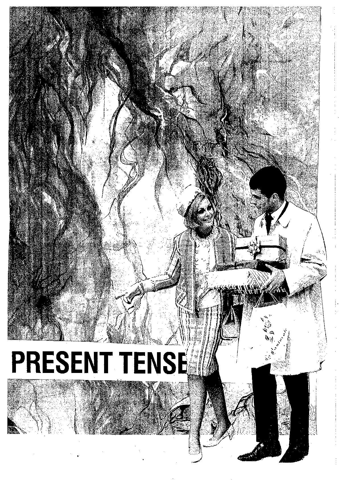 All images are scans of collages made up of cut up magazines. This first one is two shoppers from perhaps the 60s, 70s. They are chatting and one of them is pointing to something. The words "present tense" in caps lock have been placed so it looks like the shoppers are pointing to them. The background is a root-like texture.