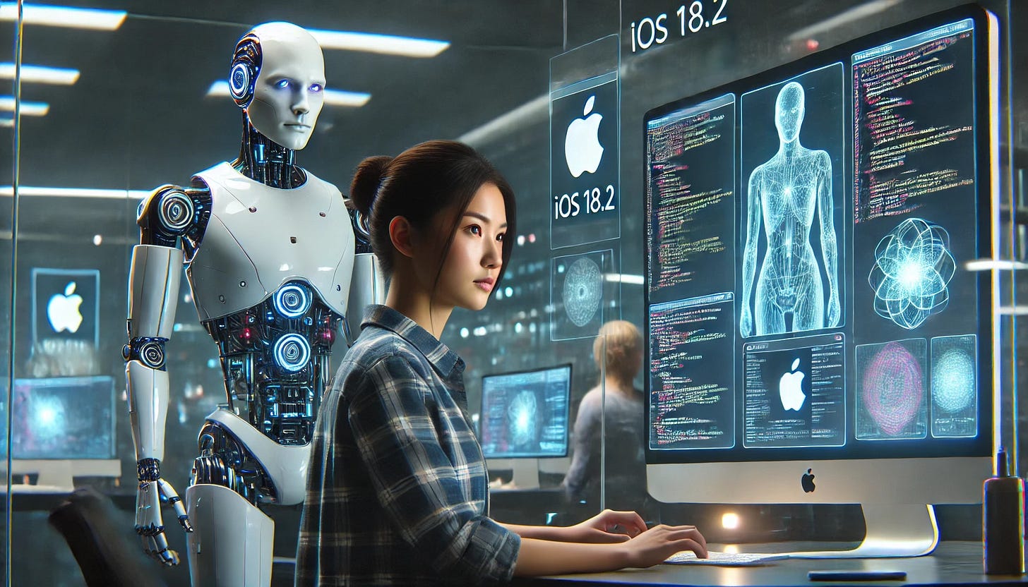 Researcher working on Apple Intelligence, overlooked by a robot (generated by DALL-E, from a prompt by the author)