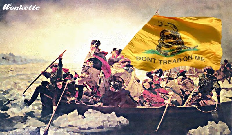 Emanuel Luetze's painting 'Washington Crossing the Delaware,' but the US flag has been digitally replaced with the Gadsden "Dont tread on me" flag Emanuel Luetze's painting 'Washington Crossing the Delaware,' but the US flag has been digitally replaced with the Gadsden "Dont tread on me" flag