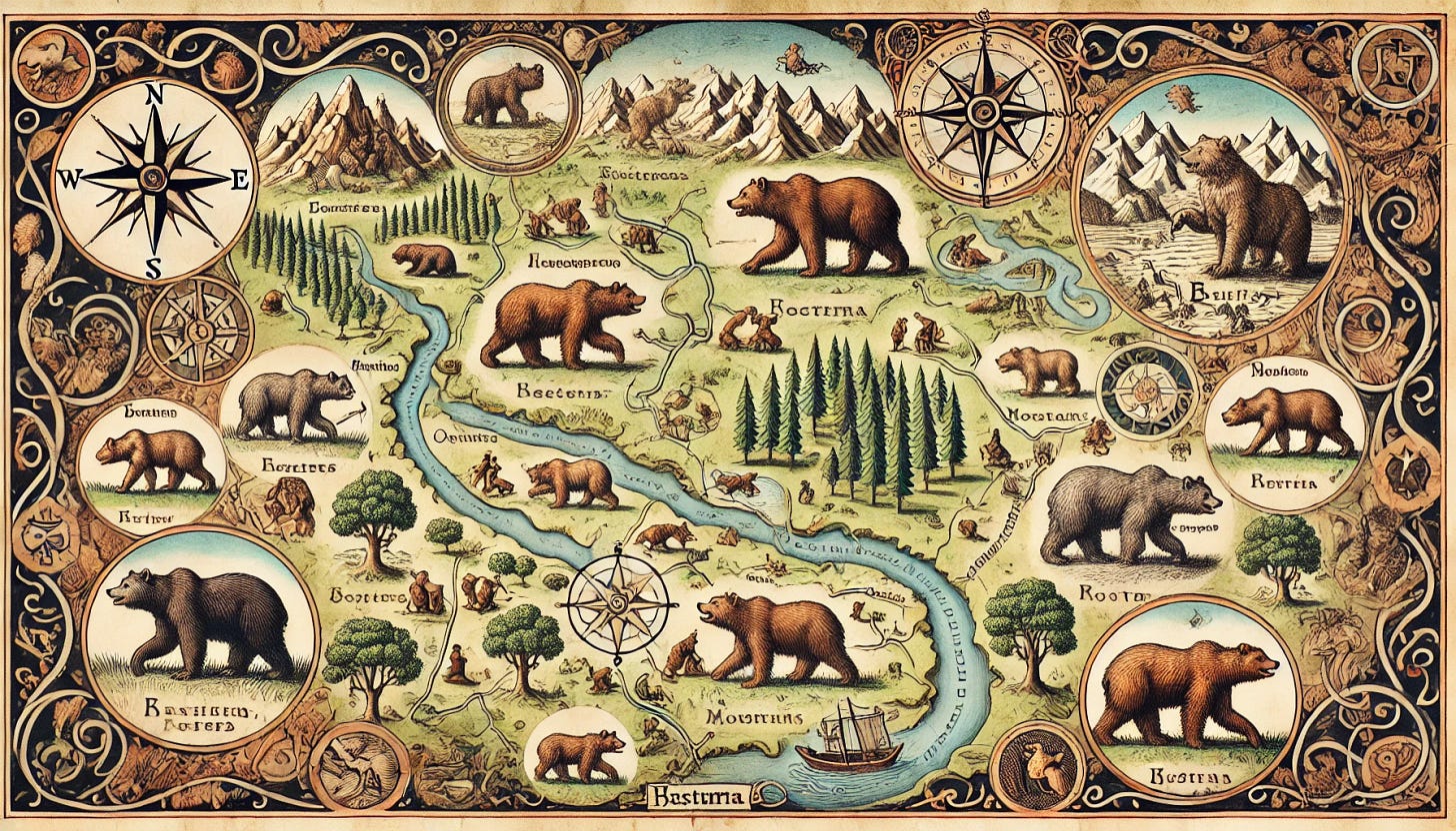 A detailed medieval-style map adorned with numerous bears drawn in various poses, integrated into the landscape and map elements such as forests, mountains, and rivers. The map features intricate medieval cartographic artistry, including compass roses, decorative borders, and old-style script for labeling. Bears are depicted in a whimsical yet historically accurate medieval illustrative style, engaging in activities like climbing trees, fishing in rivers, and roaming plains. The overall palette includes earthy tones and rich inks typical of medieval manuscripts.
