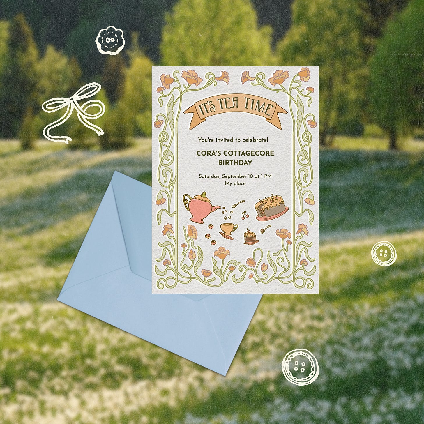 A picture of a green meadow of white flowers overlaid by a baby blue envelope and invitation for a tea party.