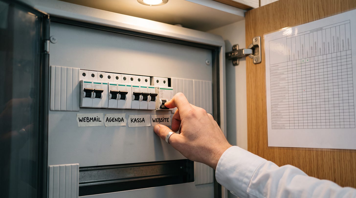 In een meterkast zet een hand alleen de groep van de website uit, de andere groepen blijven aan In een meterkast zet een hand alleen de groep van de website uit, de andere groepen blijven aan