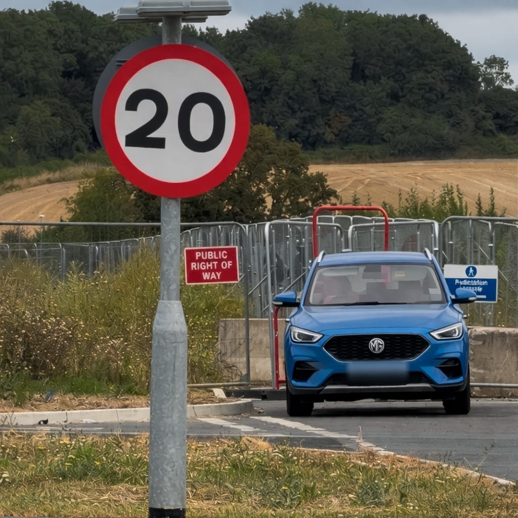 A blue MG car moves slowly past a 20 mph sign and a “Public Right of Way” notice, with harris fencing directing pedestrians along a narrow temporary footpath through the fields behind it. 