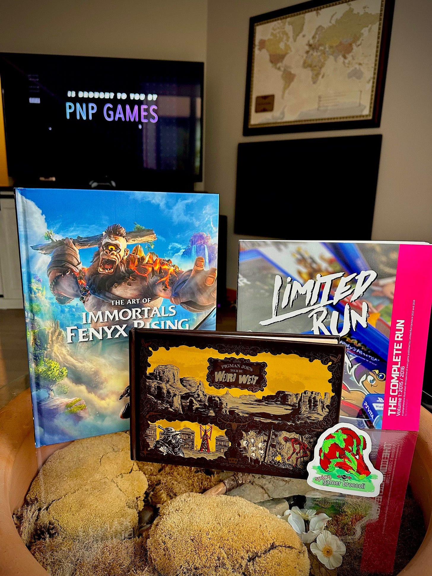 A series of three books that are sitting on top a glass coffee table with moss and flowers in it in the background there is a fireplace a atlas picture in a big screen TV with the words brought to you by PNP games