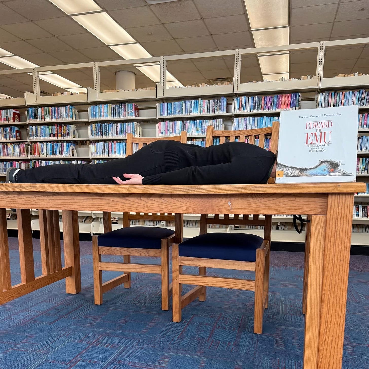 A person wearing all black and lying on a library table with the book stacks behind them. In front of their face (so their face is hidden is a book with an emu pictured on the cover. “Edward the Emu.” This looks like the emu head is the person’s head.
