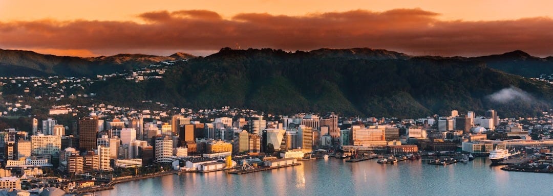 aerial view of city buildings during sunset
