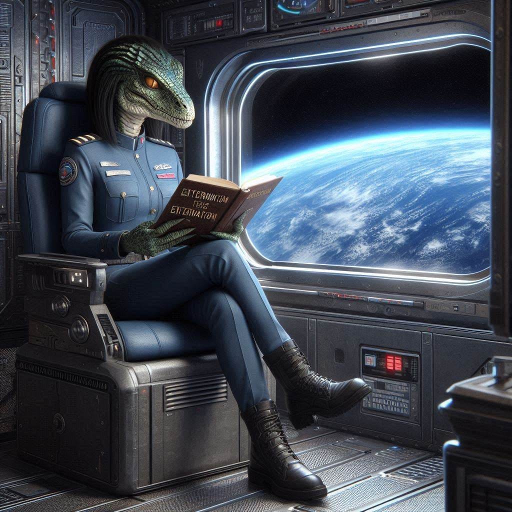Female Reptilian Officer in uniform sitting inside a spaceship, reading a book titled "Exterminations." A window shows earth blue marble seen from space. Digital Art