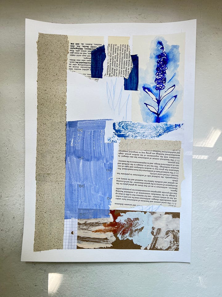 Mixed media collage on a sketchbook page and on A3 watercolour paper