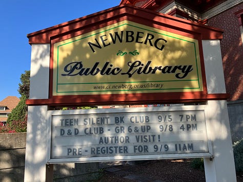 Photos of libraries, author holding a book, mini-book library