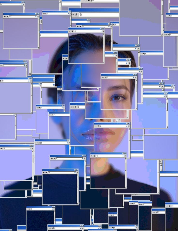 This may contain: a woman's face is surrounded by squares of blue and purple colors in the background