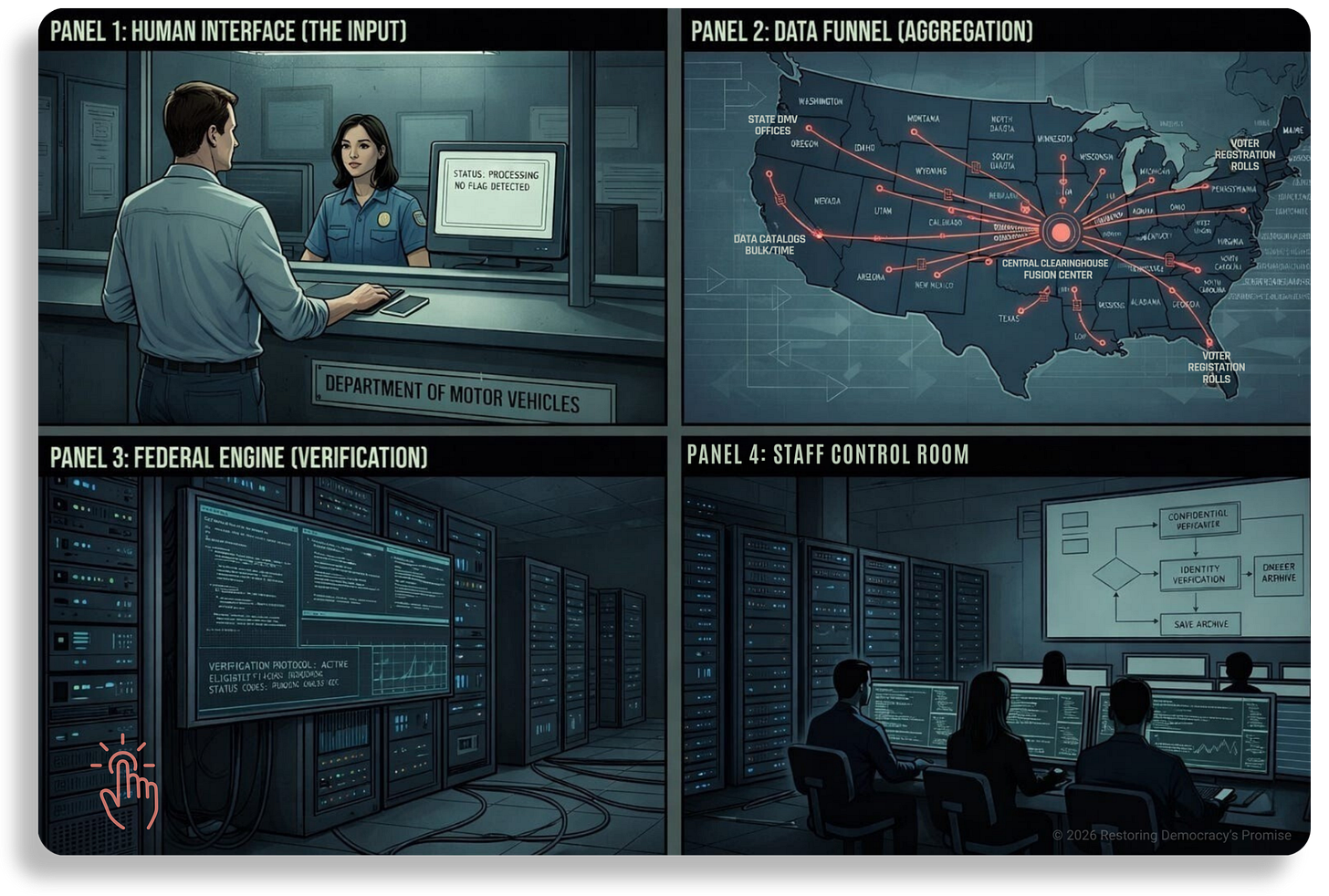 Illustrated three-panel diagram showing the operational flow of a federal voter-verification system: (1) a local election office intake interaction, (2) backend data aggregation and matching, and (3) centralized federal analysis infrastructure, emphasizing how local administrative actions feed a national system. Illustrated three-panel diagram showing the operational flow of a federal voter-verification system: (1) a local election office intake interaction, (2) backend data aggregation and matching, and (3) centralized federal analysis infrastructure, emphasizing how local administrative actions feed a national system.