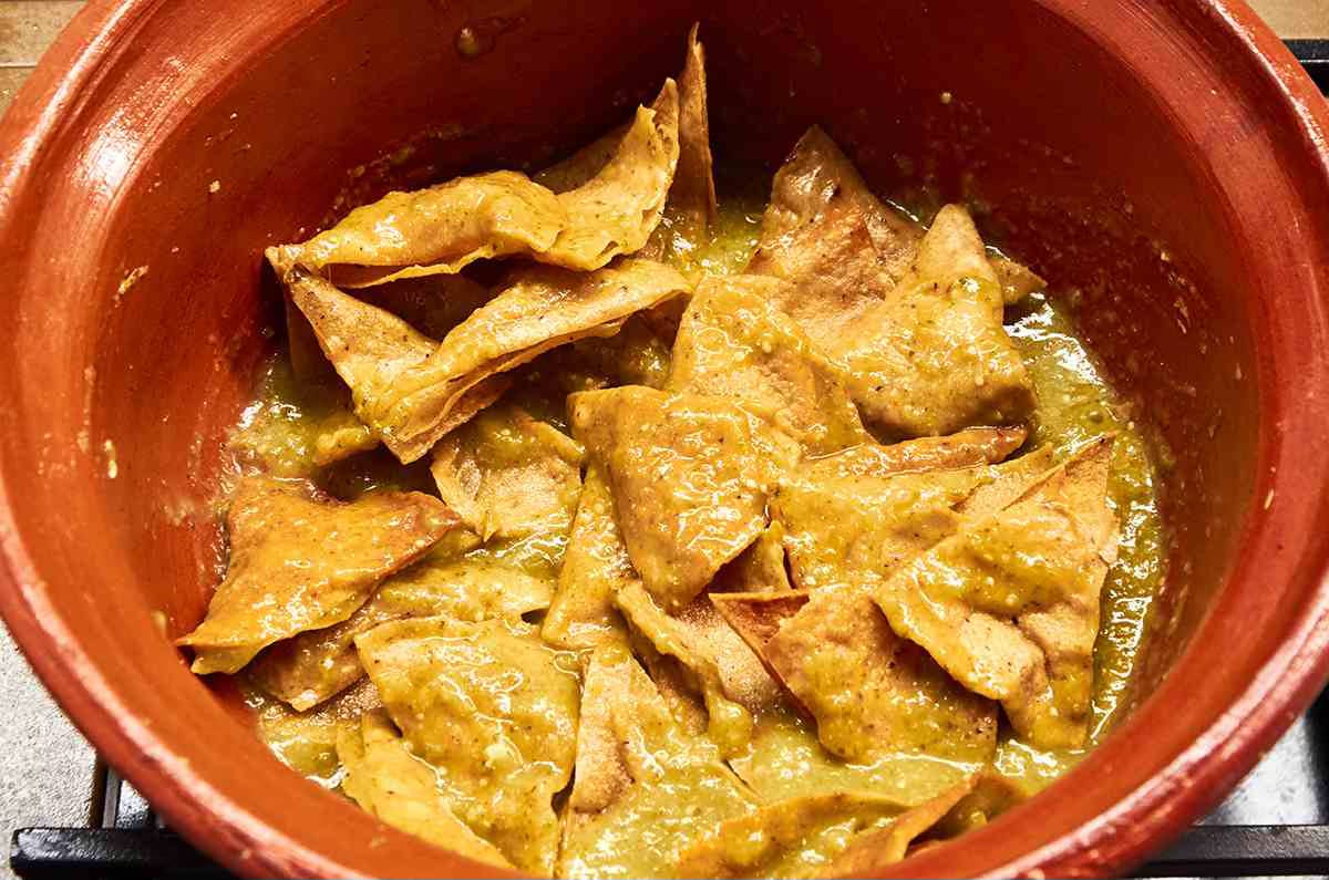 totopos in pot with salsa verde