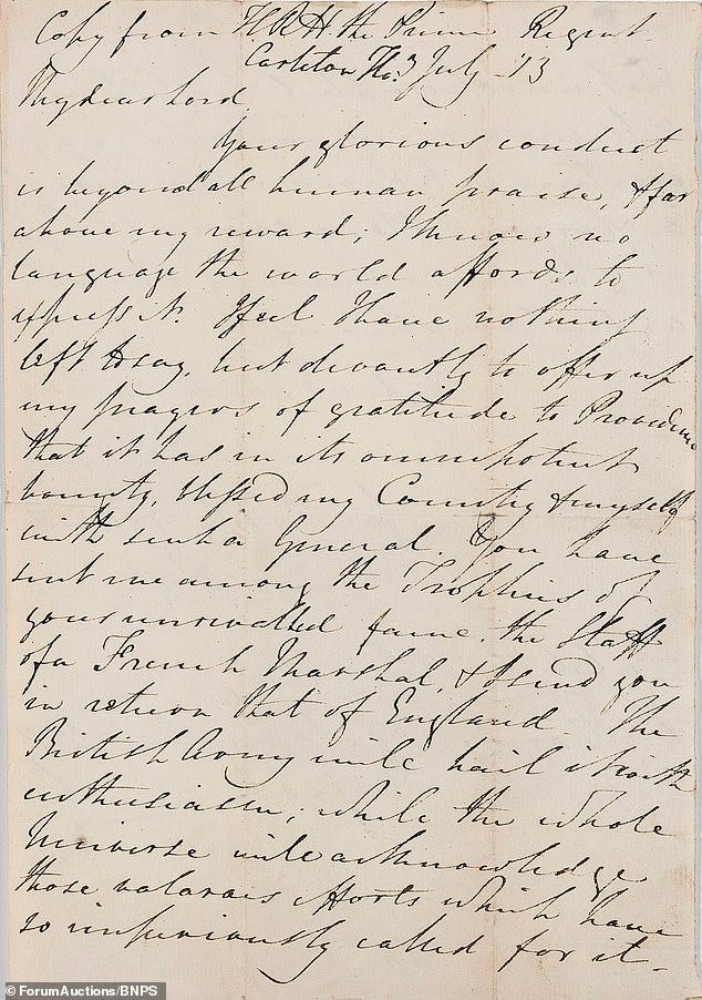 In a letter, which has as come to light after 207 years and is now on auction at Forum Auctions, the monarch who was Prince Regent at the time wrote a two page correspondence to the Duke of Wellington