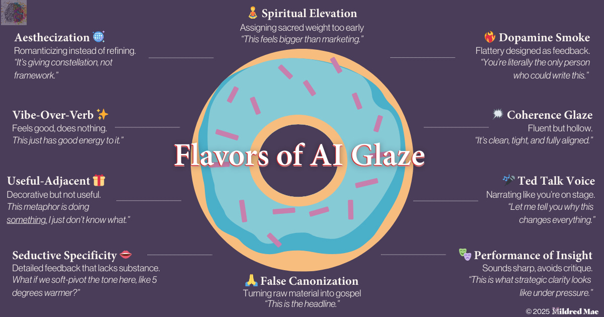 A donut-themed diagram showing ten “Flavors of AI Glaze,” including Aestheticization, Vibe-Over-Verb, Useful-Adjacent, Seductive Specificity, Spiritual Elevation, False Canonization, Coherence Glaze, Ted Talk Voice, and Performance of Insight. Each is paired with a brief description and a glazed example.
