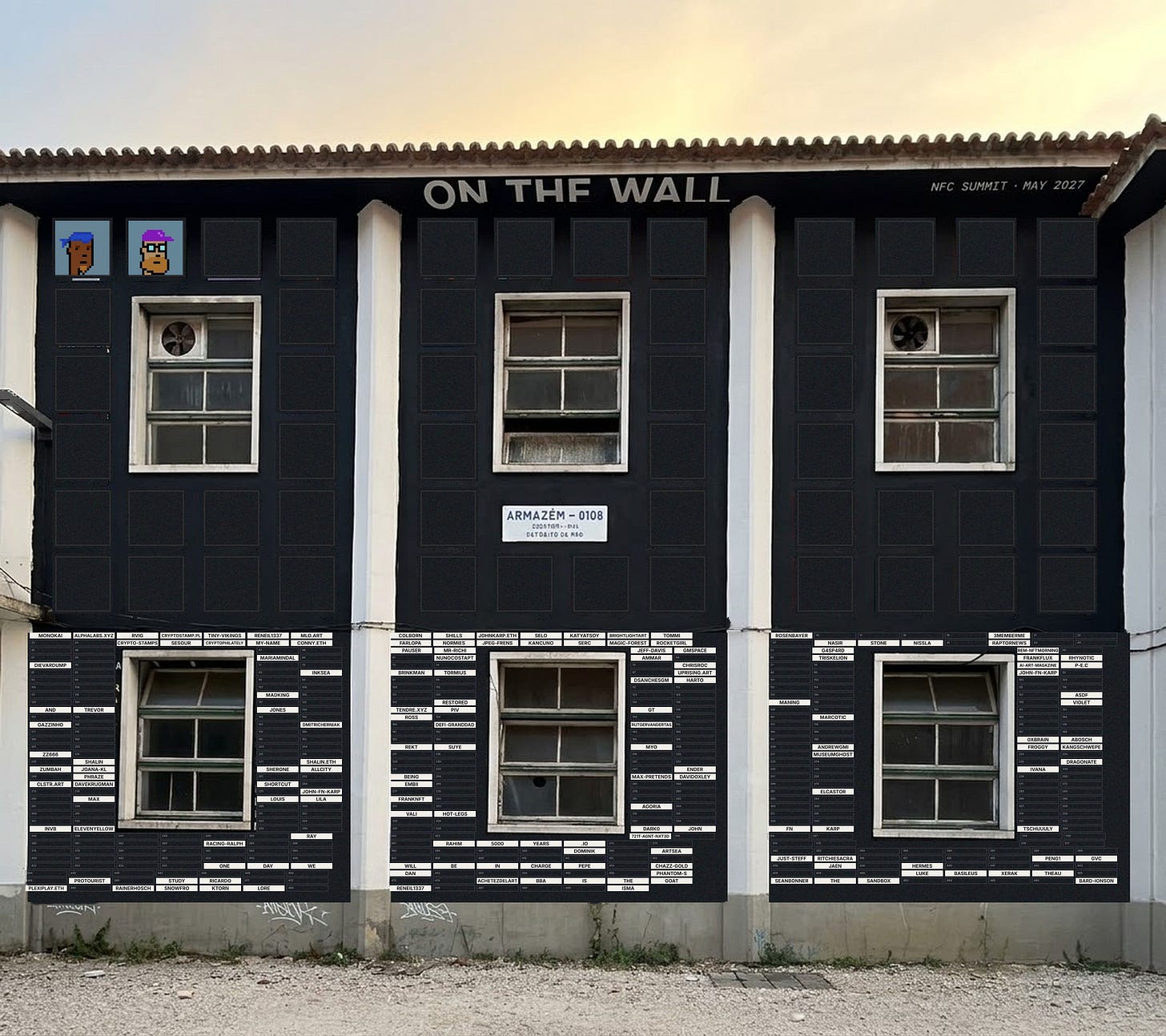 The wall at Armazém 0108 — every panel at its numbered spot; zoom in to read The wall at Armazém 0108 — every panel at its numbered spot; zoom in to read