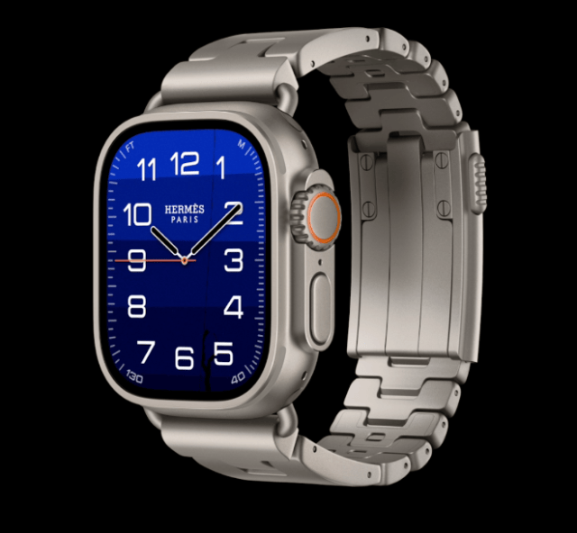 The Apple Watch Hermès collection introduces a bold new Grand H titanium band featuring a built-in extension mechanism to conveniently adjust the band to fit over a wet suit.