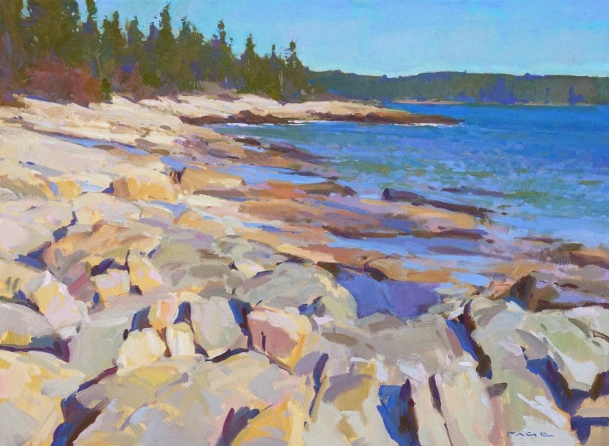 A rocky beach with trees and water

Description automatically generated