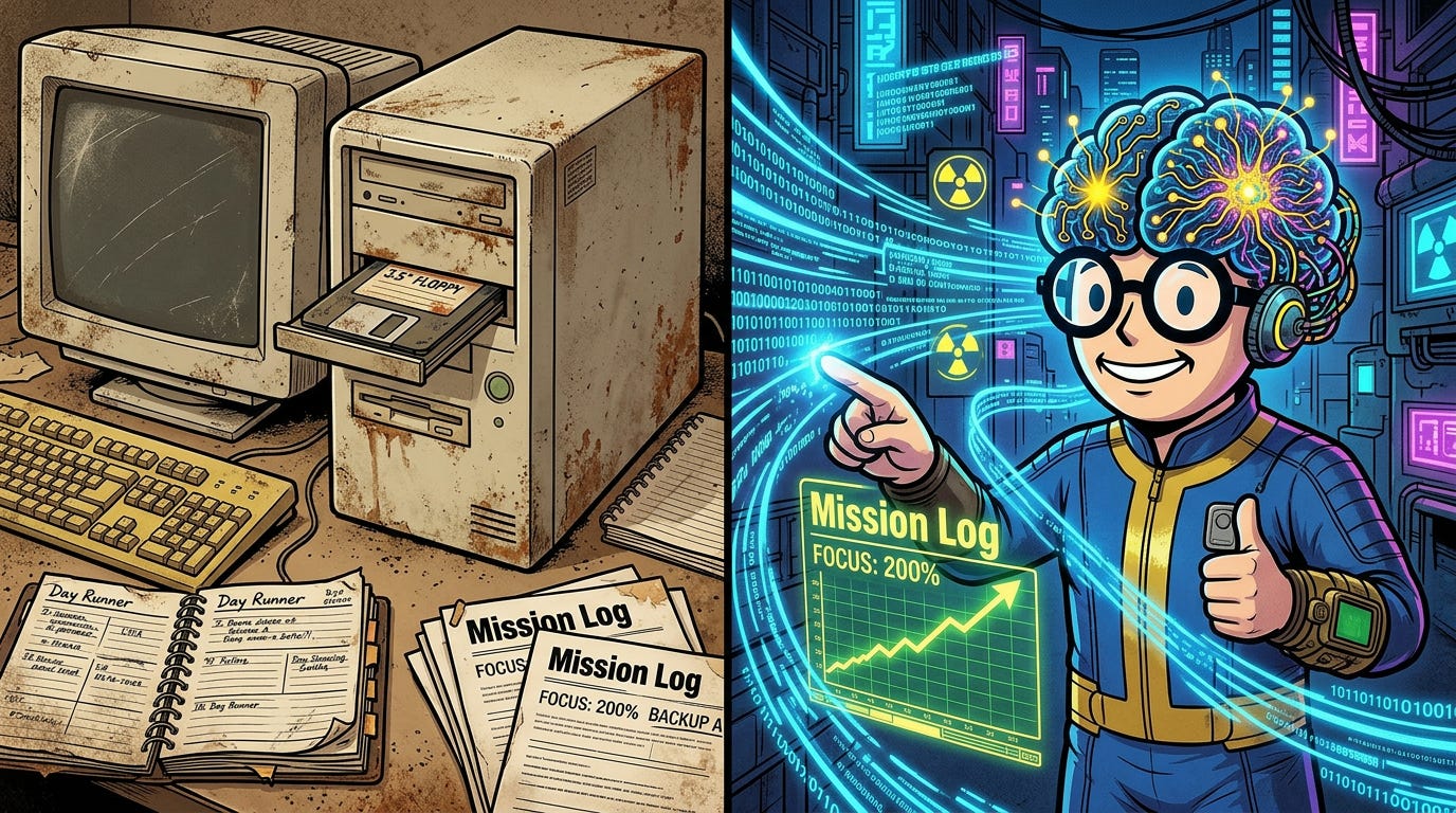 Illustration scindée montrant le contraste entre des outils de gestion du temps obsolètes des années 90 et la réalité de la surcharge d'informations en 2026 illustrée par le GMIND-BOY face à des flux de données néons.