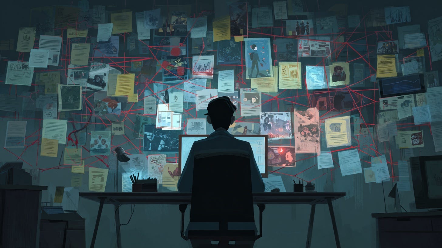 A silhouetted figure sits at a desk facing a wall covered in documents, photos, and digital screens connected by red strings, resembling an investigative board filled with hidden connections and data patterns.