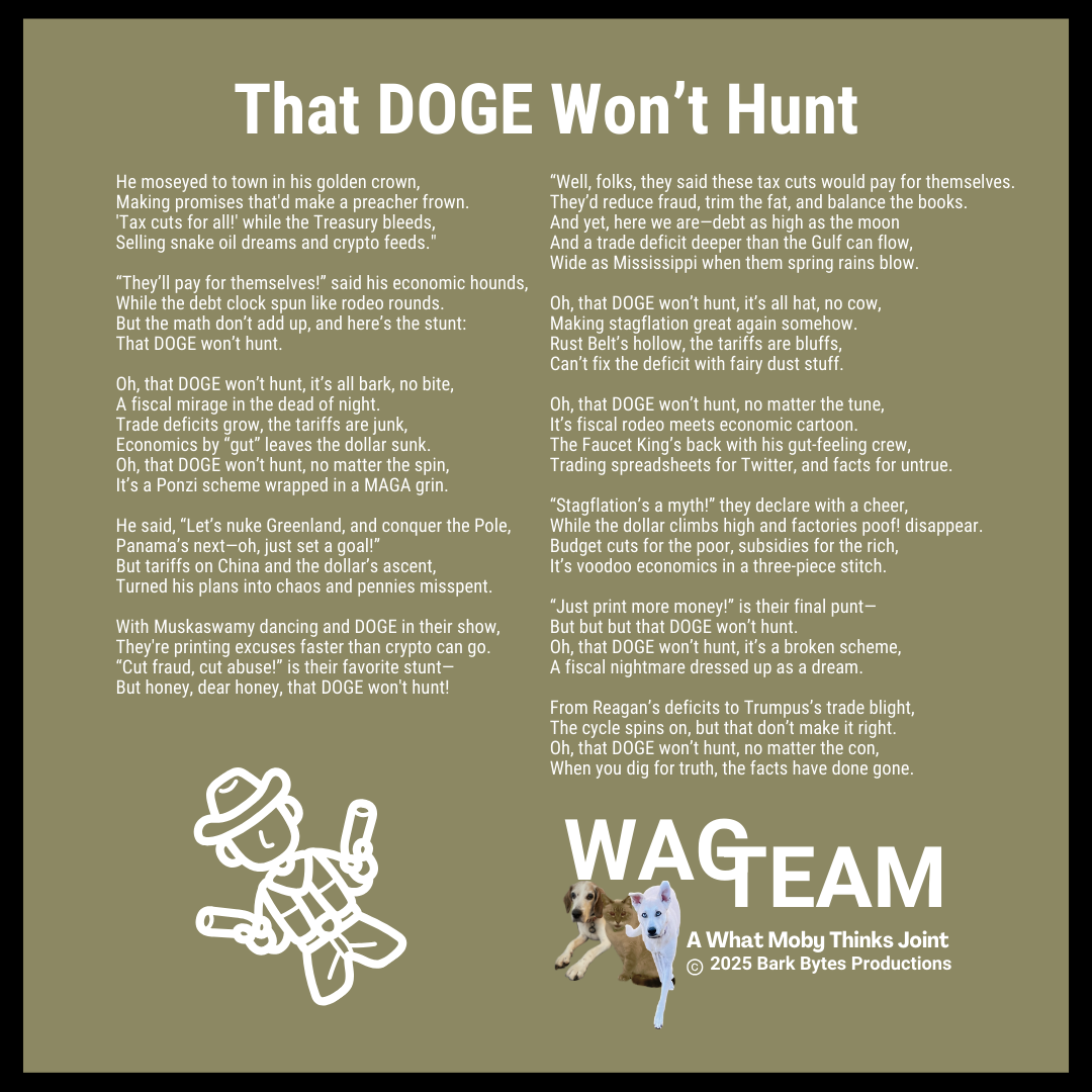 A country-western economic protest song spread across an olive backdrop, featuring lyrics about mythical Canadian faucets, wet magnets, and the perils of gut-based economics. Includes a minimalist cowboy doodle that looks like it's wondering where all the fiscal responsibility went, along with the WAG TEAM logo featuring three very good boys who understand basic math.