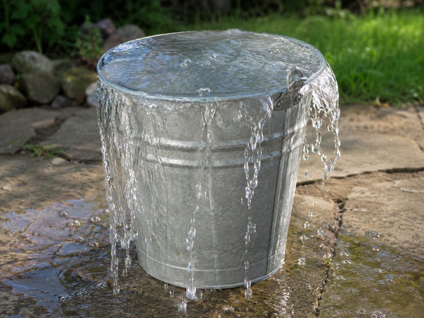 Overflowing water from a metal bucket Overflowing water from a metal bucket