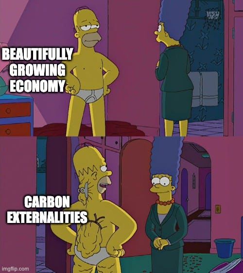 Two-panel Simpsons meme. From behind, Homer in his underwear looks trim, labelled "Beautifully growing economy." From the front, he looks saggy and bloated, labelled "Carbon externalities."