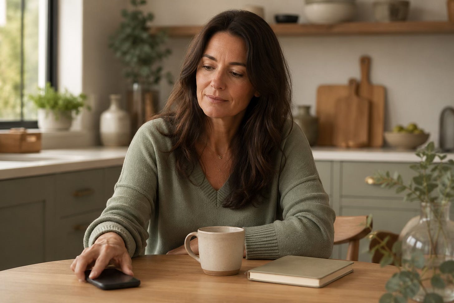 Woman placing her phone face down while pausing before responding to a message.