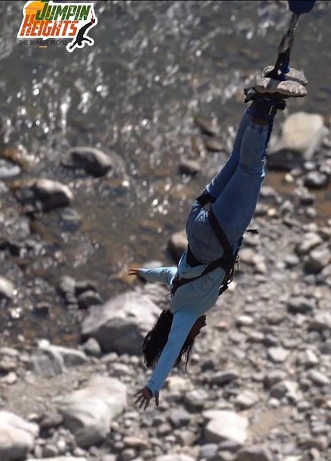 Jumping off a bungy, photos of the author in mid-air.