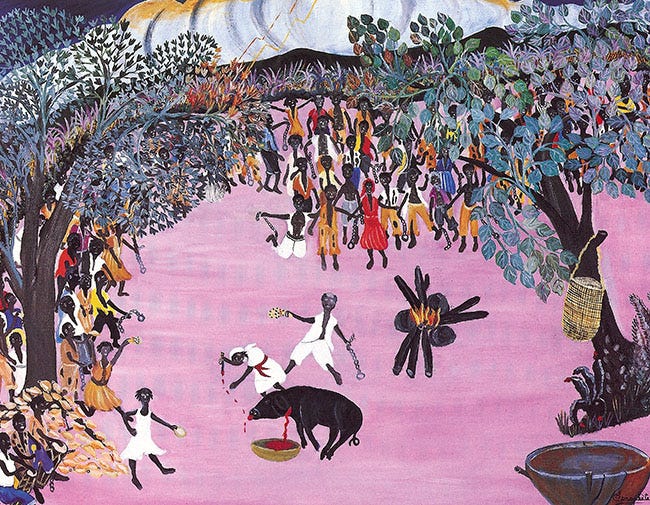 Del rito vudú al Estado libre | Ornitorrinco Cécile Fatiman y Dutty Boukman sacrificando a un cerdo negro en plena ceremonia. Pintura/Ernst Prophète