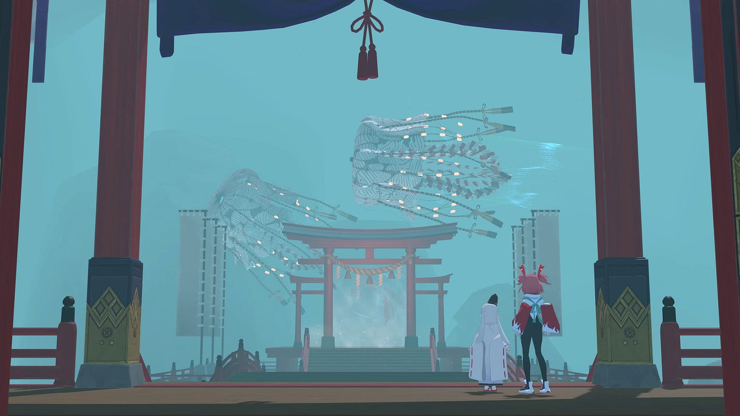 Two characters stand on a platform facing a shrine gate, with ghostly fish-like creatures made of light floating in the sky above. Two characters stand on a platform facing a shrine gate, with ghostly fish-like creatures made of light floating in the sky above.