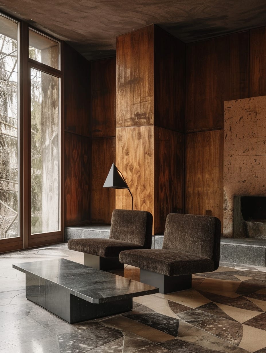 Living room in brutalist design. Burnt wood walls, geometric patterned concrete floor, charcoal colored minimalist blocky seats, with black angular metal lamp, in a room with full-length steel windows.
