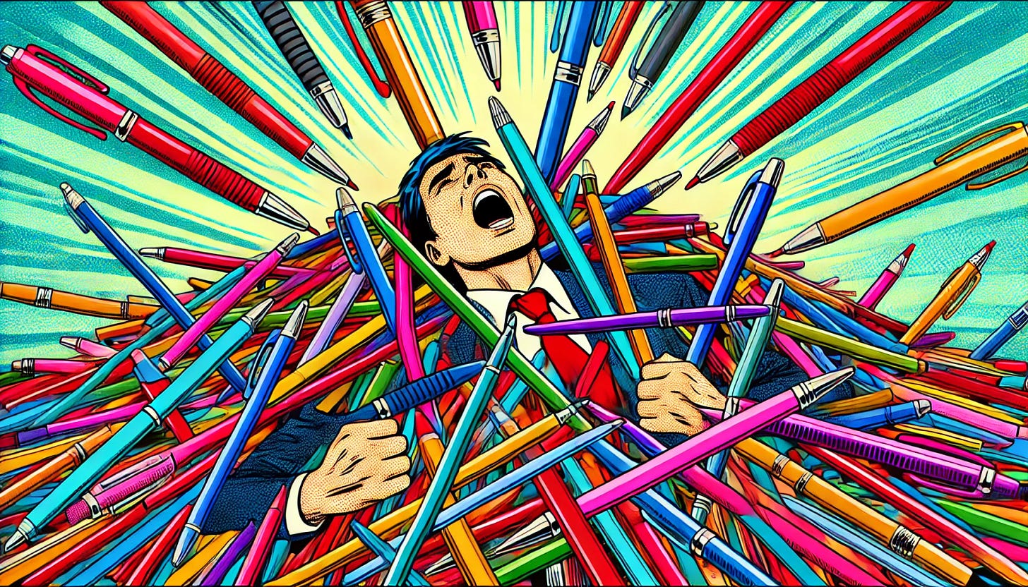 A vibrant pop art style image of a consumer drowning in a pile of colorful pens and pencils. The person is submerged in the writing tools up to their shoulders, with a distressed or bewildered expression. The pens and pencils are exaggerated in size and colors, typical of pop art’s bold, vibrant tones. The background is minimal but bright and dynamic, with abstract patterns or shapes. The landscape format enhances the visual impact of the scattered pens and pencils, stretching across the width of the image, giving a chaotic and overwhelming feeling.