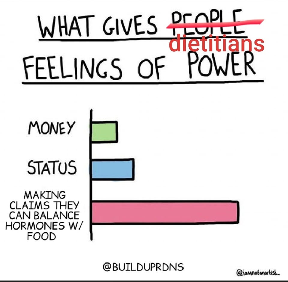 May be a graphic of text that says 'WHAT GIVES PEOPLE- TLOILL rOPrΟΕ dietitians OF POWER FEELINGS MONEY STATUS MAKING CLAIMS THEY CAN BALANCE HORMONES W/ FOOD @BUILDUPRDNS @iamnokanarkish._'