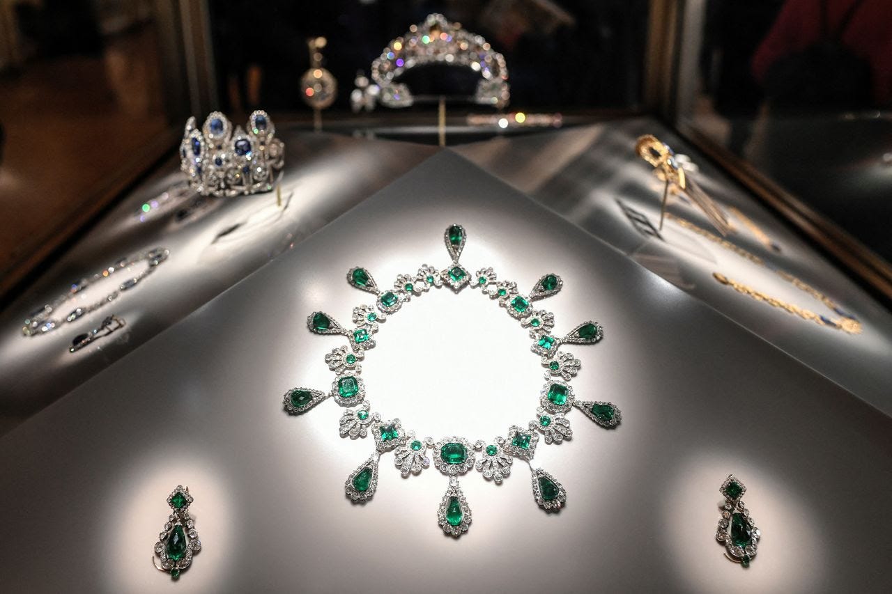 Among the items stolen was an emerald-and-diamond necklace, shown here in 2020, that Napoleon gave his second wife, Empress Marie Louise. (Stephane De Sakutin/AFP/Getty Images)