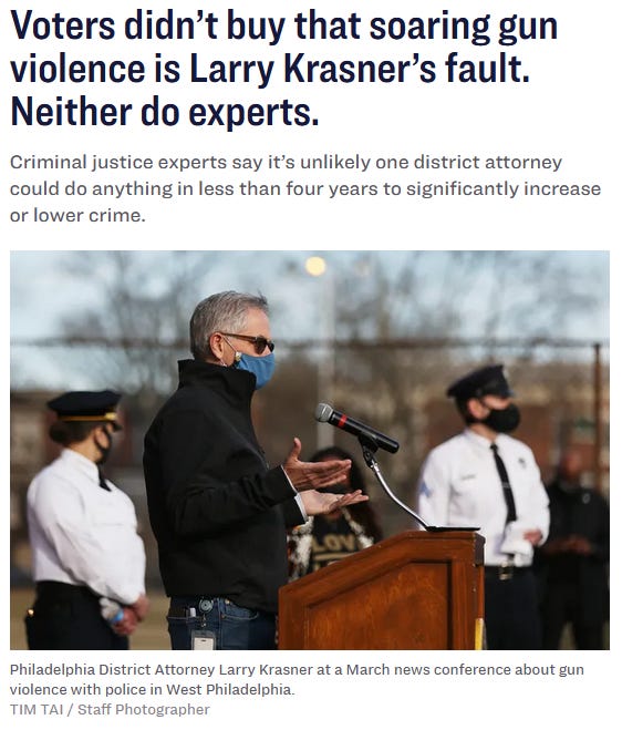 Inquirer: Voters didn’t buy that soaring gun violence is Larry Krasner’s fault. Neither do experts. Inquirer: Voters didn’t buy that soaring gun violence is Larry Krasner’s fault. Neither do experts.
