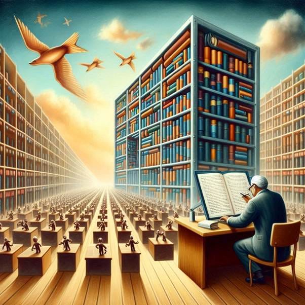 A person sitting at a desk in front of many bookshelves

AI-generated content may be incorrect.