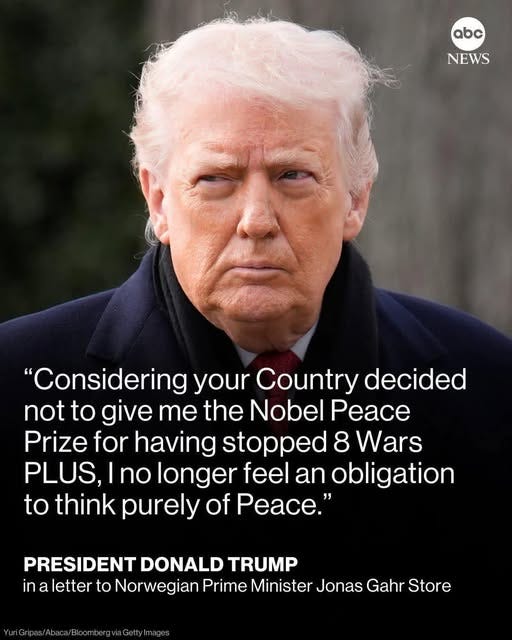 May be an image of text that says 'abc NEWS "Considering your Country decided not to give me the Nobe Peace Prize for having stopped 8 Wars PLUS, no longer feel an obligation to think purely of Peace." PRESIDENT DONALD TRUMP in inaletterto letter to Norwegian Prime Minister Jonas Gahr Store'