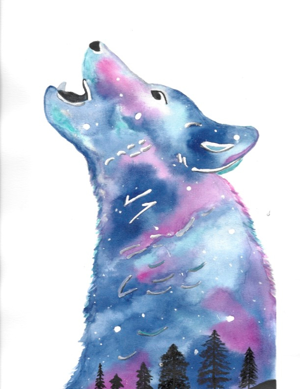 Watercolor painting of a wolf howling using galaxy colors with white stars painted on her fur and tree silhouettes at the bottom